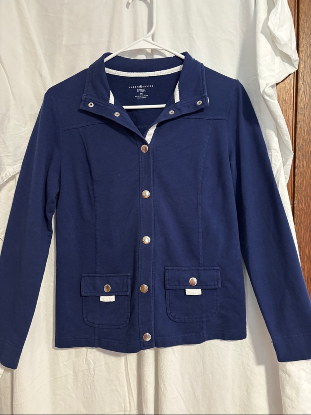 Karen Scott Navy Snap-Front Knit Jacket with Patch Pockets
